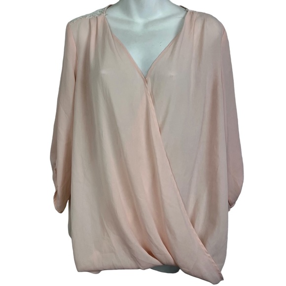 HARPER Light Pink Ivory Lace Sheer Back V-Neck Oversized Blouse Top Shirt sz L - Picture 1 of 16